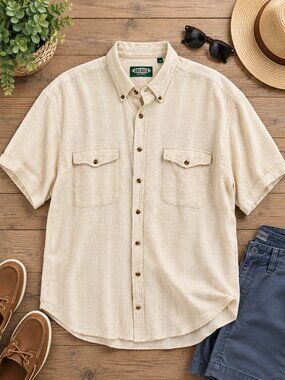Arcadia XL Beige Textured Button Up Shirt Short Sleeve Casual Men's 100% Cotton